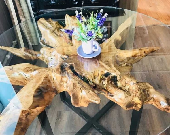 Круглый обеденный стол из корня дуба со стеклом купить в интернет-магазине